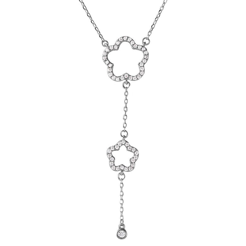 Genuine Sterling Silver Rhodium Plated Double Open Cubic Zirconia Clover Drop Necklace