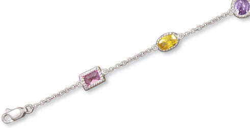 Genuine Sterling Silver Vintage Oval, Rectangle & Circle Design in Yellow, Pink & Lavender Colored Cubic Zirconia Bracelet