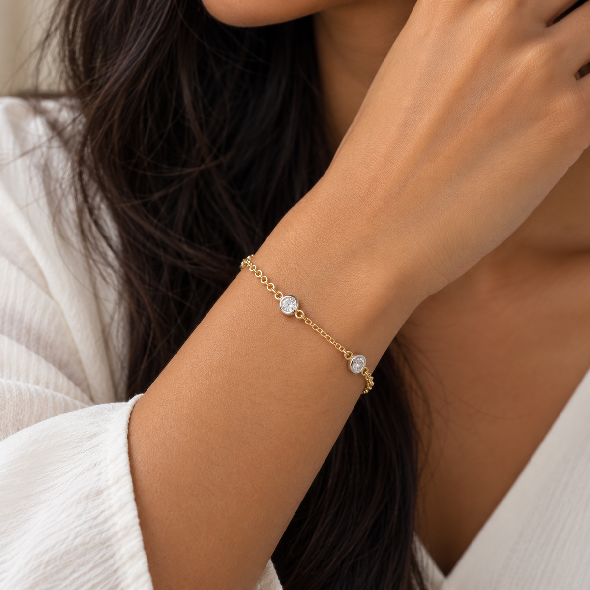 Sterling Silver Two-Tone Cubic Zirconia Station Bracelet