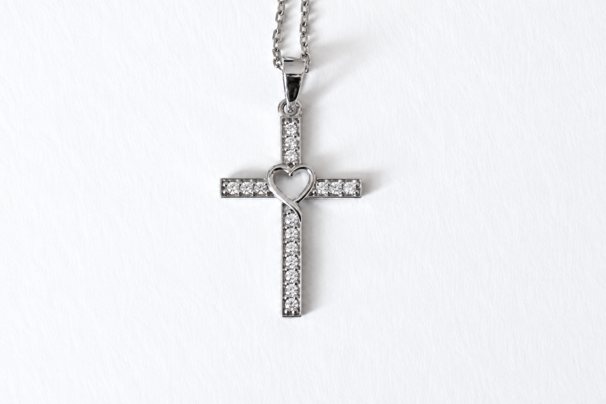 Sterling Silver Cubic Zirconia Cross Necklace with Heart