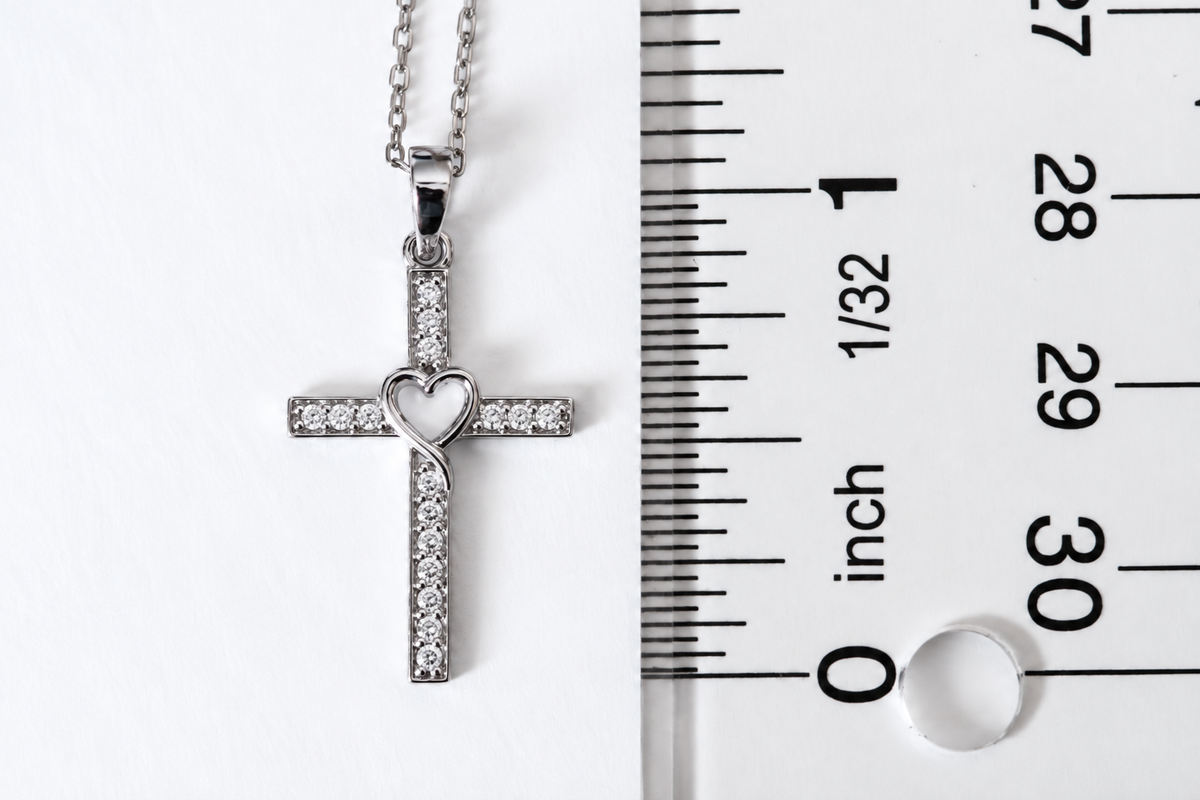 Sterling Silver Cubic Zirconia Cross Necklace with Heart