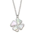 Rhodium Plated Genuine Sterling Silver Mother of Pearl and Cubic Zirconia Clover Necklace