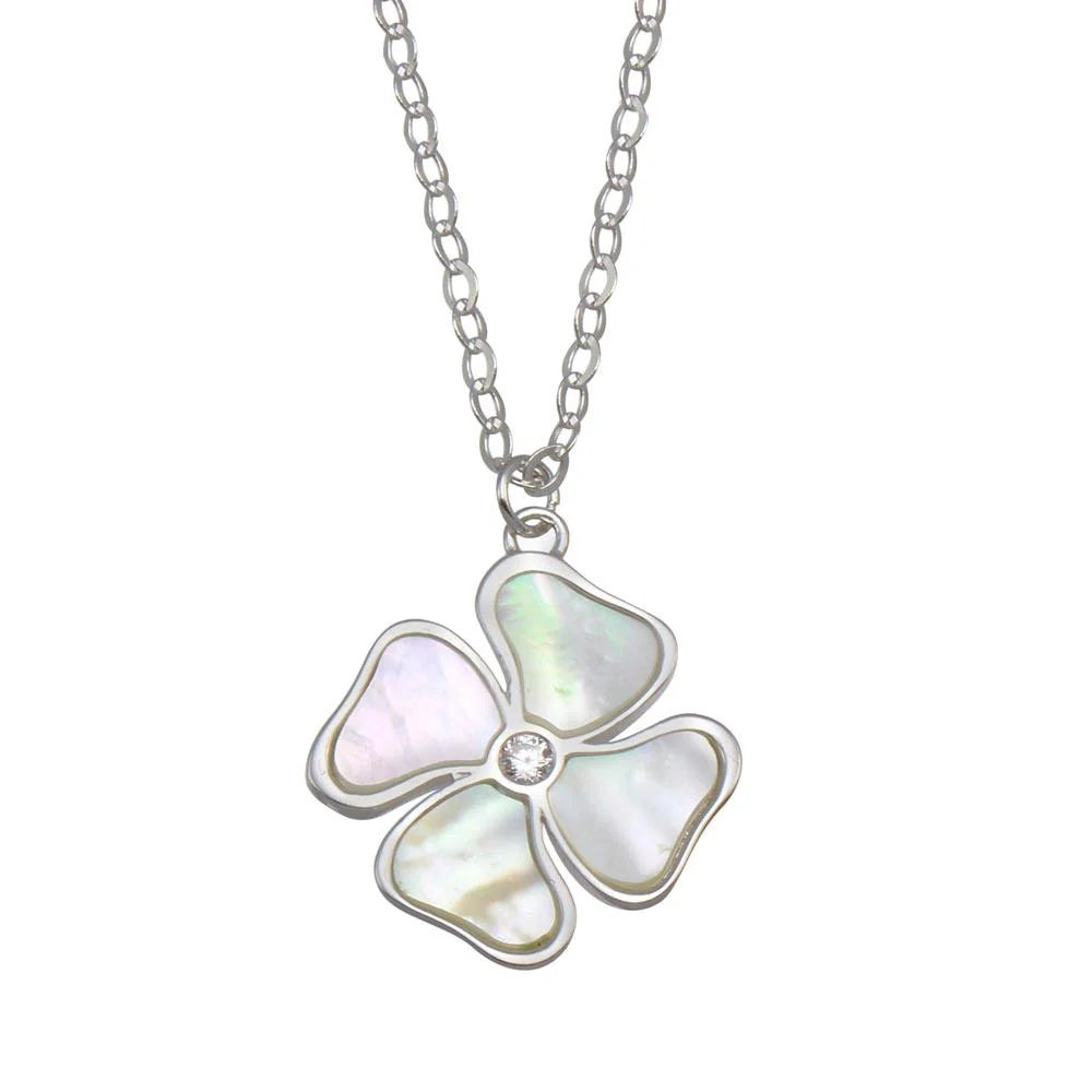 Rhodium Plated Genuine Sterling Silver Mother of Pearl and Cubic Zirconia Clover Necklace