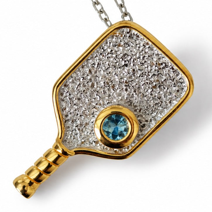 Sterling Silver Pickleball Paddle Necklace with Blue Topaz