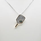 Genuine Sterling Silver Two-Tone Rhodium and Gold-Plated Textured Pickleball Paddle Necklace with Genuine AAA Swiss Blue Topaz Hidden Ball Pendant