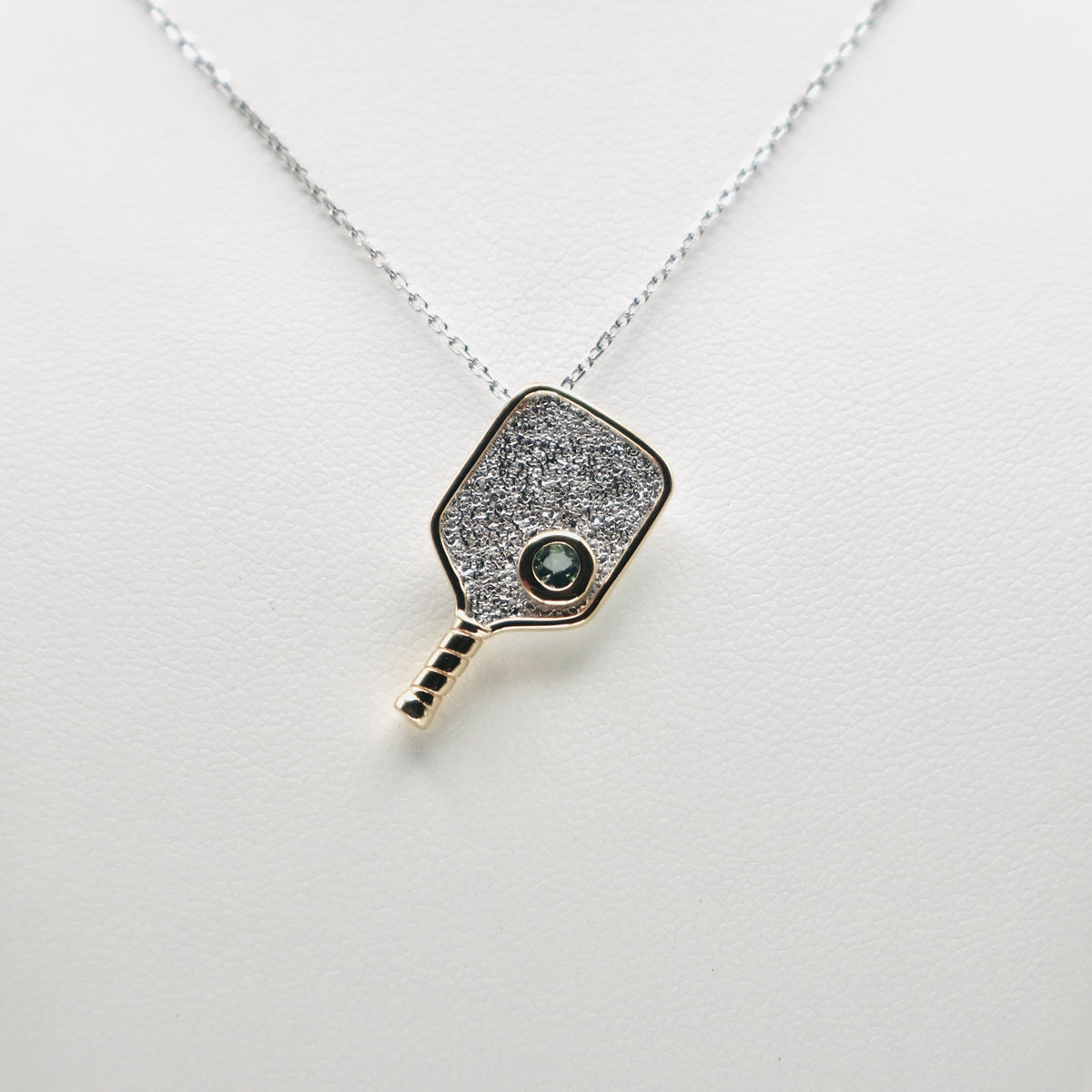 Genuine Sterling Silver Two-Tone Rhodium and Gold-Plated Textured Pickleball Paddle Necklace with Genuine AAA Swiss Blue Topaz Hidden Ball Pendant
