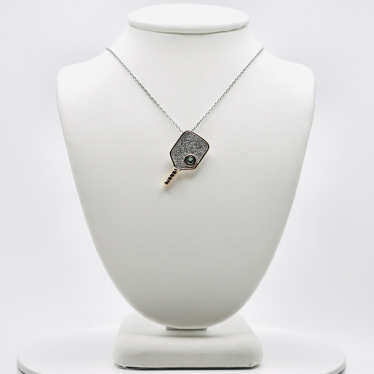 Genuine Sterling Silver Two-Tone Rhodium and Gold-Plated Textured Pickleball Paddle Necklace with Genuine AAA Swiss Blue Topaz Hidden Ball Pendant