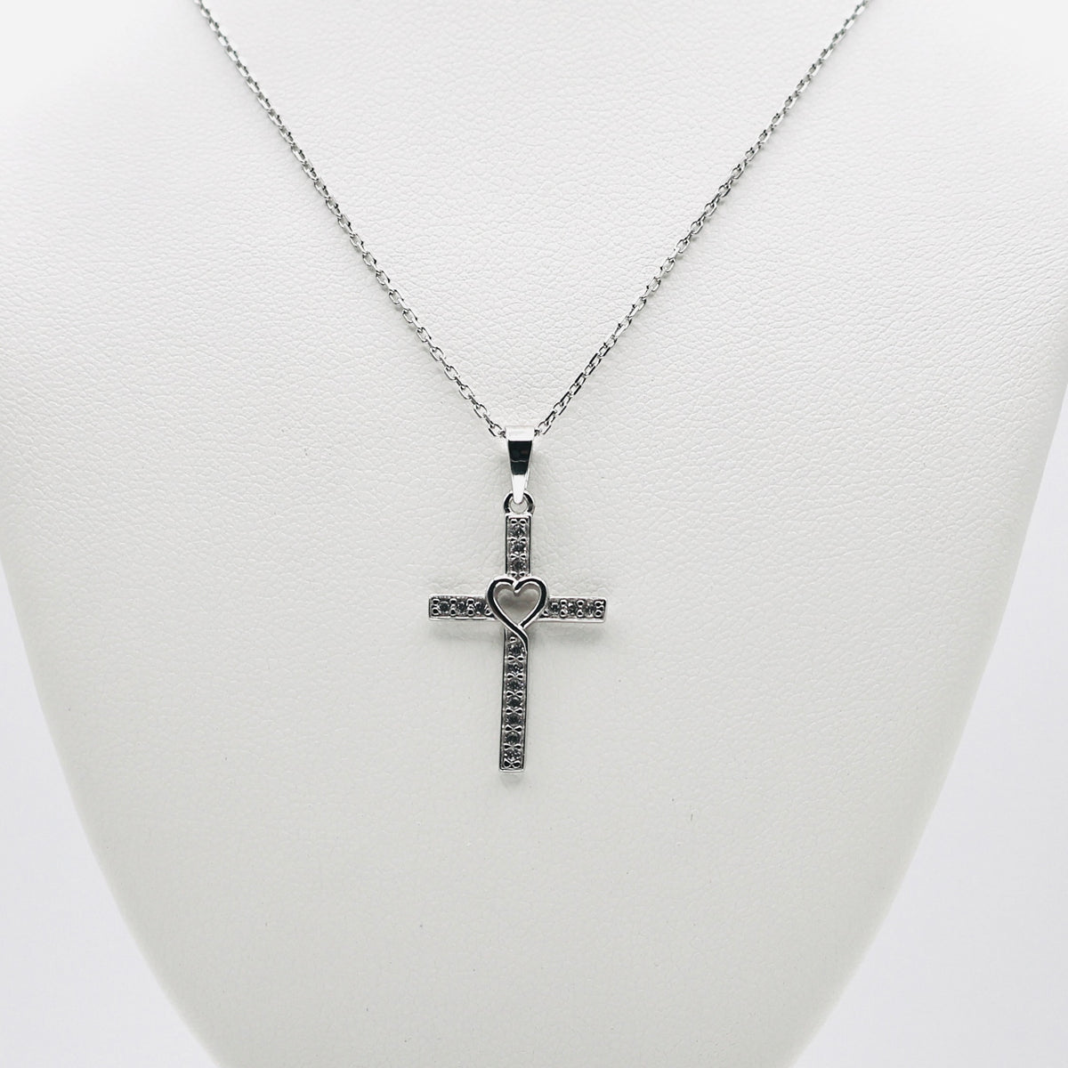 Genuine Sterling Silver Clear Cubic Zirconia Cross Necklace with Heart Center