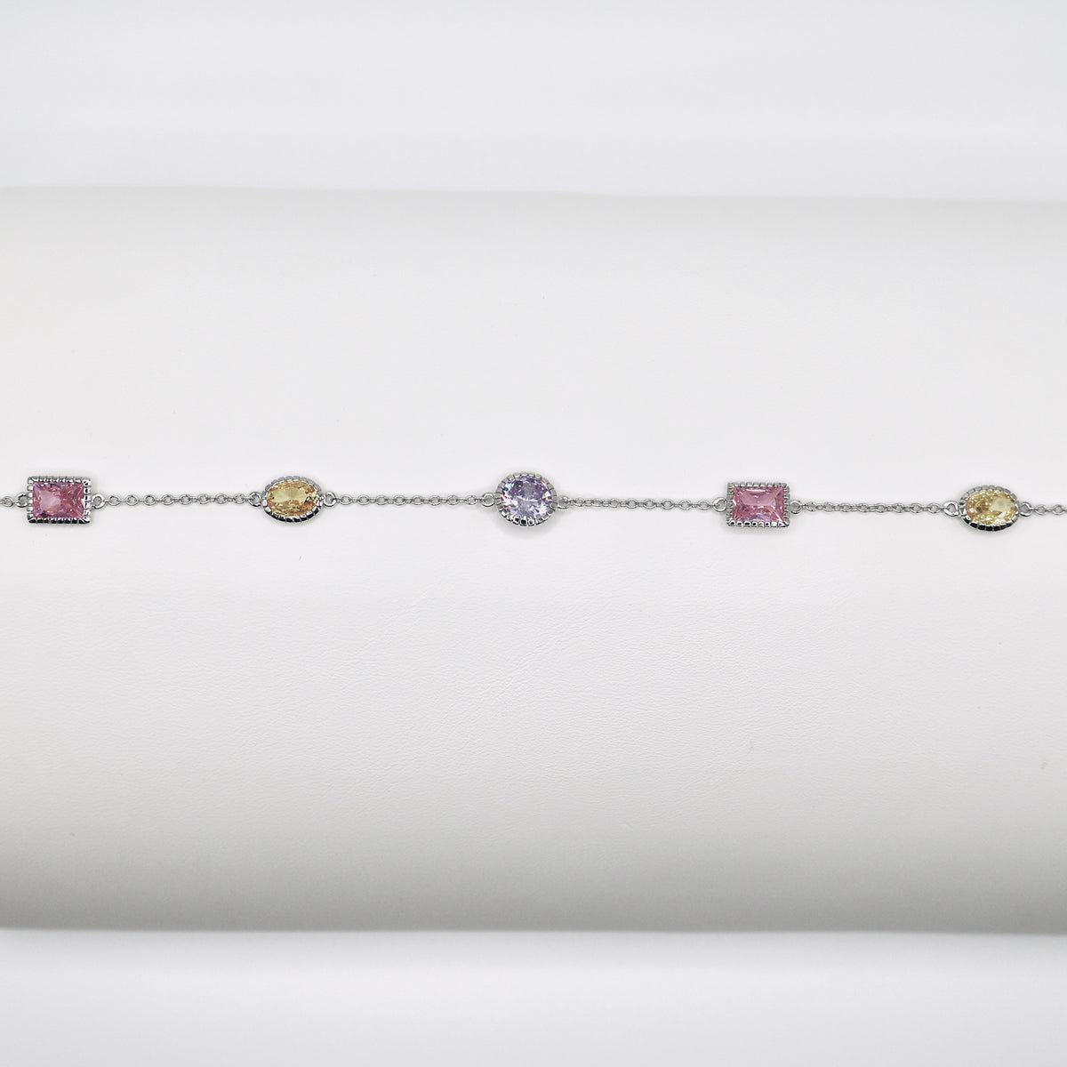 Genuine Sterling Silver Vintage Oval, Rectangle & Circle Design in Yellow, Pink & Lavender Colored Cubic Zirconia Bracelet