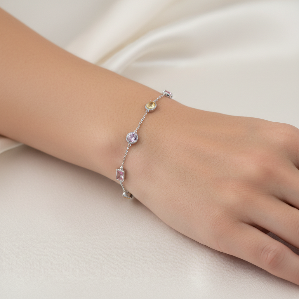 Genuine Sterling Silver Vintage Oval, Rectangle & Circle Design in Yellow, Pink & Lavender Colored Cubic Zirconia Bracelet