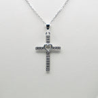 Genuine Sterling Silver Clear Cubic Zirconia Cross Necklace with Heart Center
