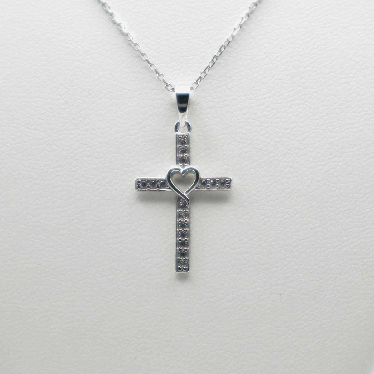 Genuine Sterling Silver Clear Cubic Zirconia Cross Necklace with Heart Center