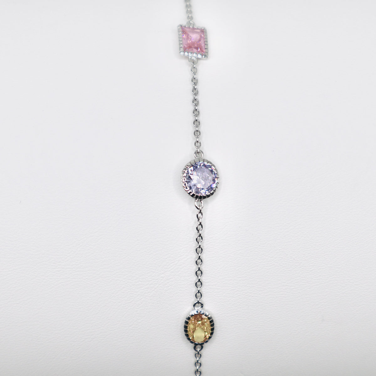 Genuine Sterling Silver Vintage Oval, Rectangle & Circle Design in Yellow, Pink & Lavender Colored Cubic Zirconia Bracelet