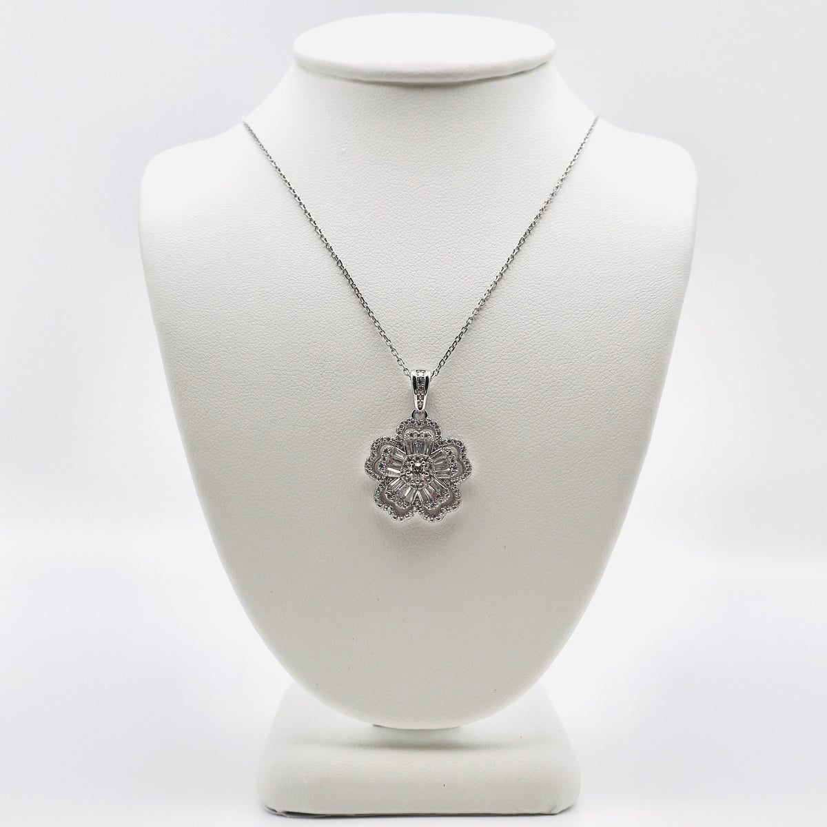 Genuine Sterling Silver flower necklace with clear cubic zirconia baguettes and round cubic zirconias