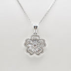 Genuine Sterling Silver flower necklace with clear cubic zirconia baguettes and round cubic zirconias