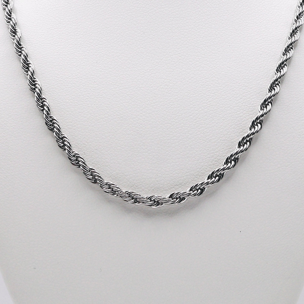 Rhodium Plated Stainless Steel 3 MM Rope Link Chain Necklace - 18"