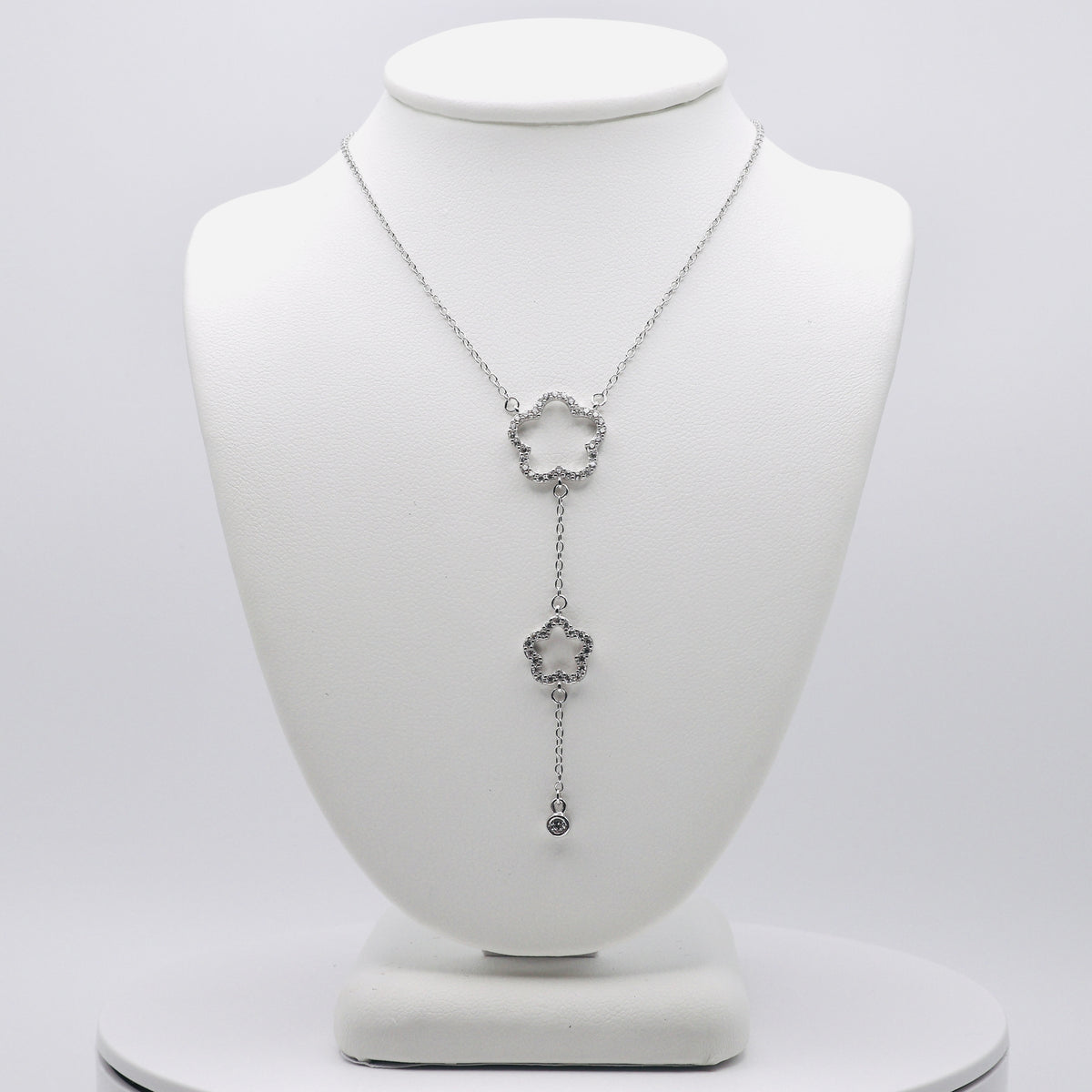 Genuine Sterling Silver Rhodium Plated Double Open Cubic Zirconia Clover Drop Necklace
