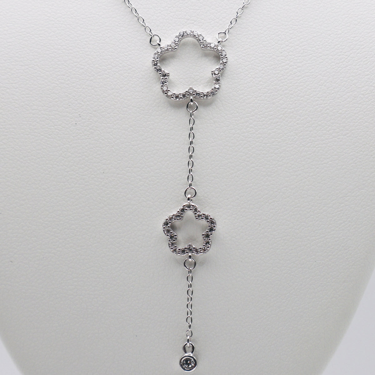 Genuine Sterling Silver Rhodium Plated Double Open Cubic Zirconia Clover Drop Necklace