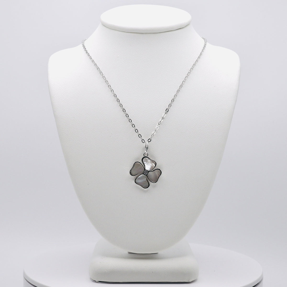 Rhodium Plated Genuine Sterling Silver Mother of Pearl and Cubic Zirconia Clover Necklace