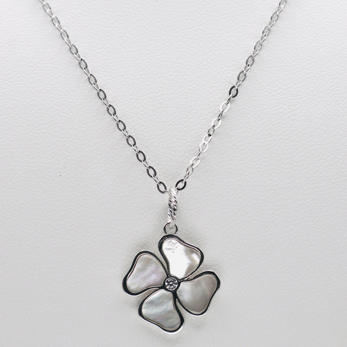 Rhodium Plated Genuine Sterling Silver Mother of Pearl and Cubic Zirconia Clover Necklace