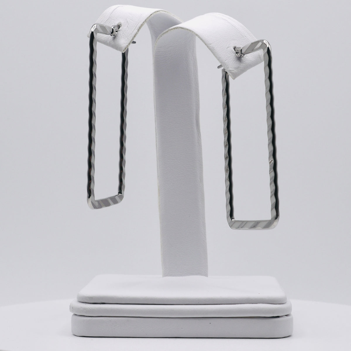 Rhodium Plated Stainless Steel Rectangle Crinkle Hoops Earrings - 25mm