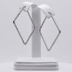 Rhodium Plated Stainless Steel Hammered Square Hoop Earrings - 40mm