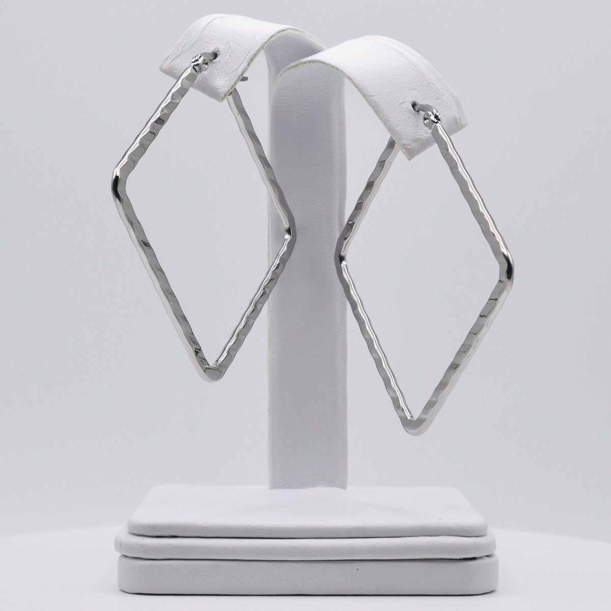 Rhodium Plated Stainless Steel Hammered Square Hoop Earrings - 40mm