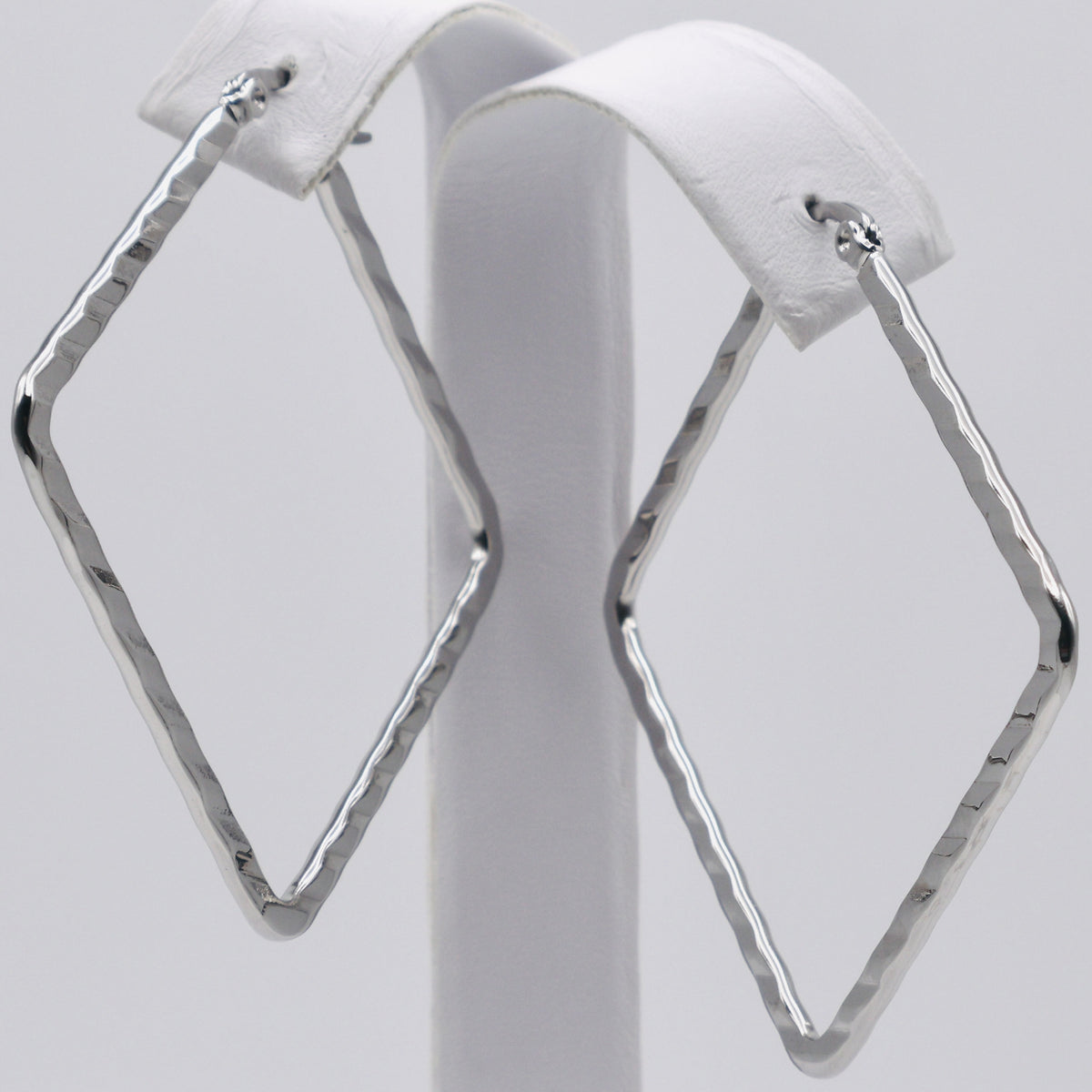 Rhodium Plated Stainless Steel Hammered Square Hoop Earrings - 40mm