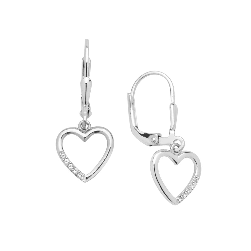Genuine Sterling Silver Double Heart Drop with Genuine White Topaz Lever Back Earrings