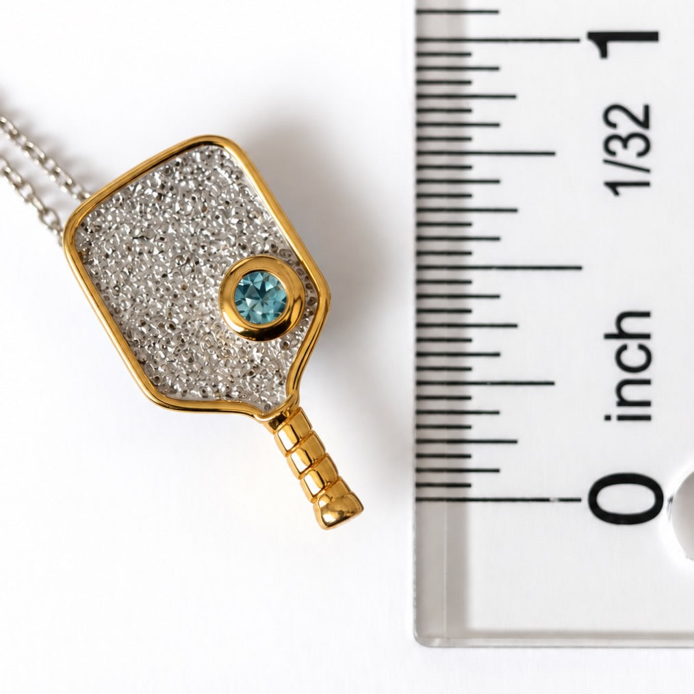 Sterling Silver Pickleball Paddle Necklace with Blue Topaz