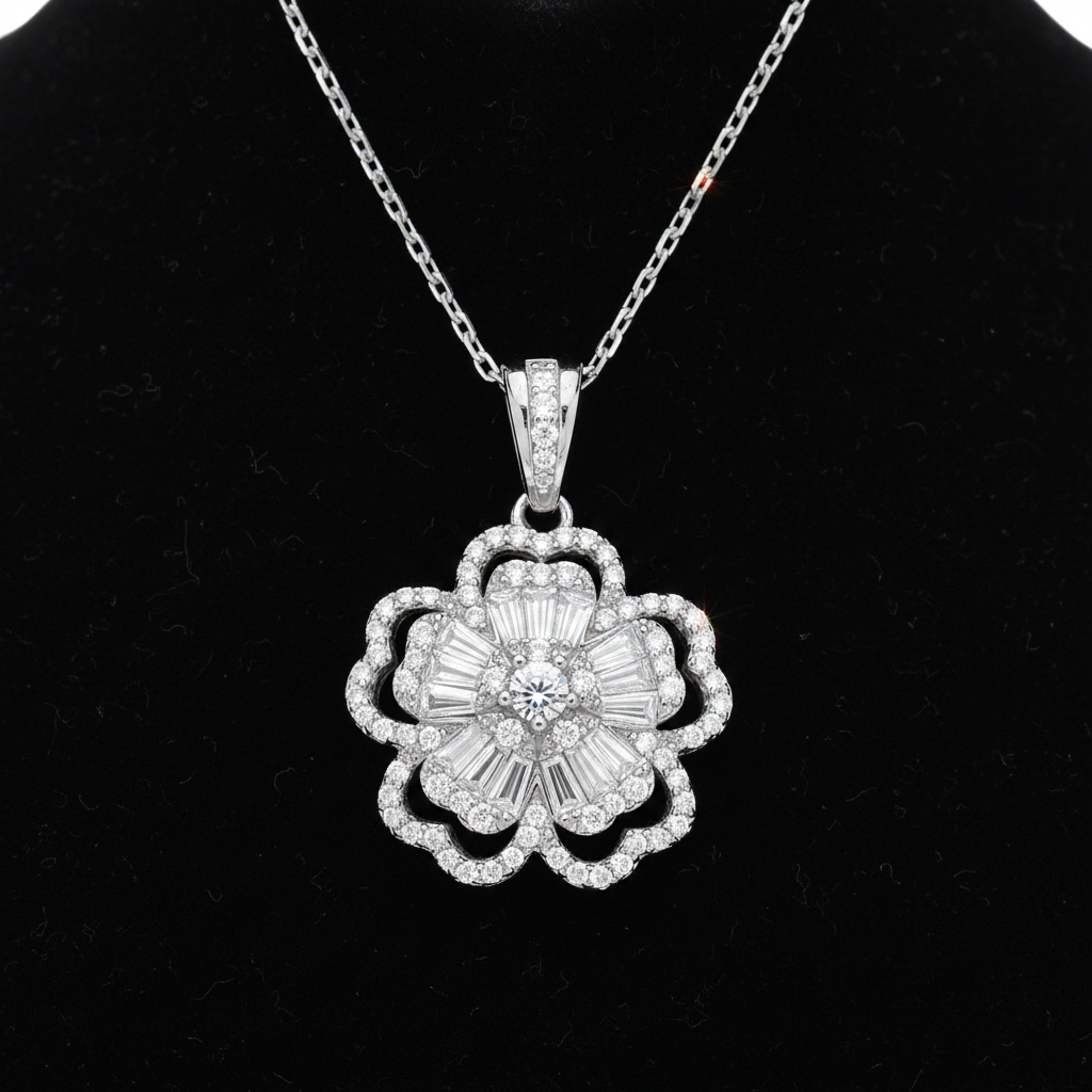 Genuine Sterling Silver flower necklace with clear cubic zirconia baguettes and round cubic zirconias