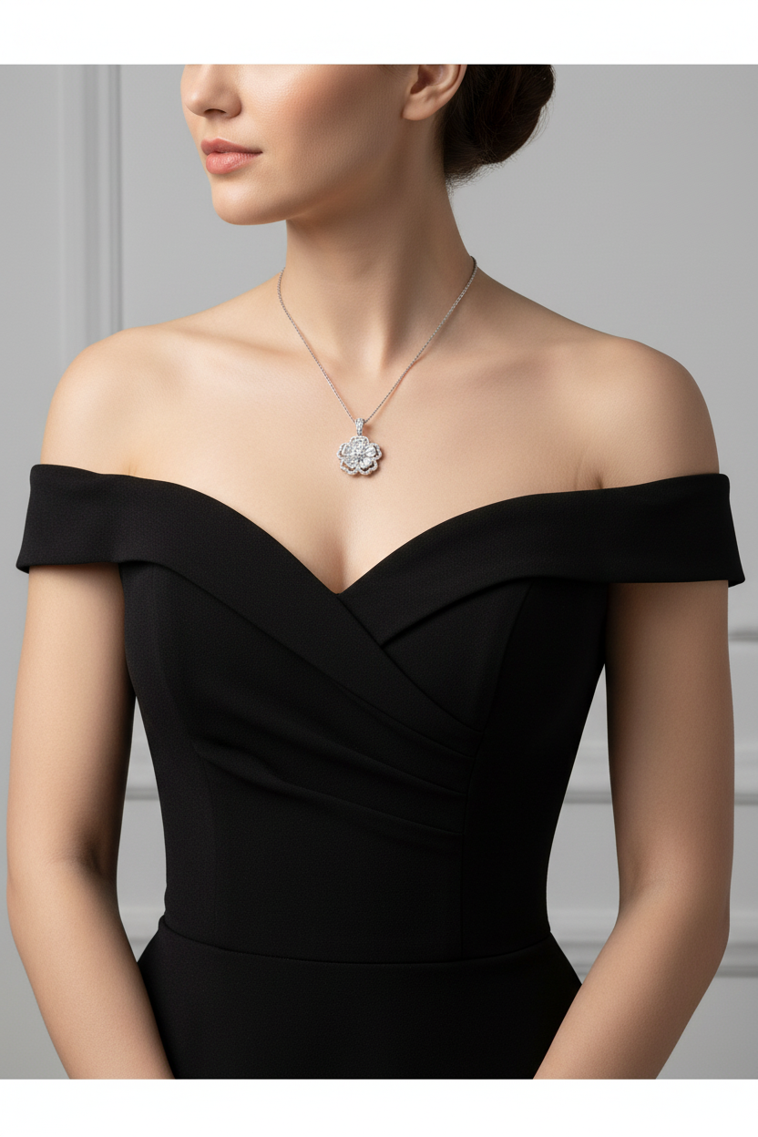 Genuine Sterling Silver flower necklace with clear cubic zirconia baguettes and round cubic zirconias