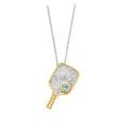 Genuine Sterling Silver Two-Tone Rhodium and Gold-Plated Textured Pickleball Paddle Necklace with Genuine AAA Swiss Blue Topaz Hidden Ball Pendant