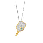 Genuine Sterling Silver Two-Tone Rhodium and Gold-Plated Textured Pickleball Paddle Necklace with Genuine AAA Swiss Blue Topaz Hidden Ball Pendant