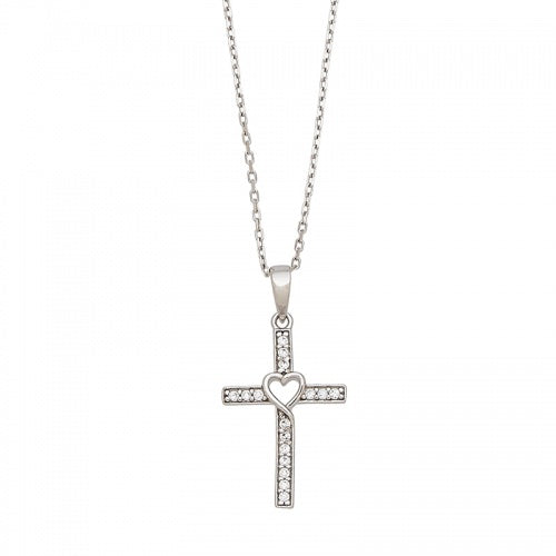 Genuine Sterling Silver Clear Cubic Zirconia Cross Necklace with Heart Center