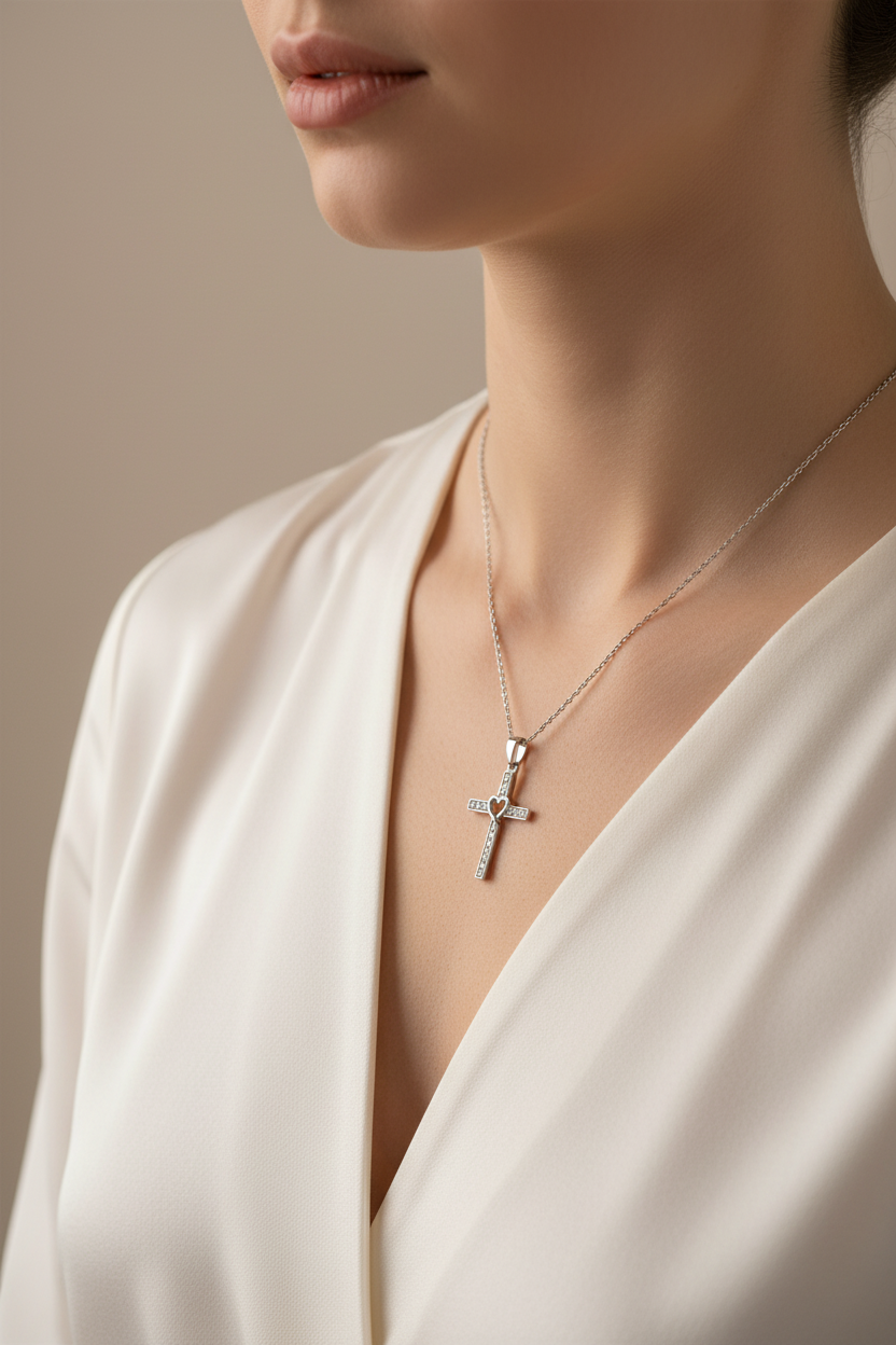 Genuine Sterling Silver Clear Cubic Zirconia Cross Necklace with Heart Center