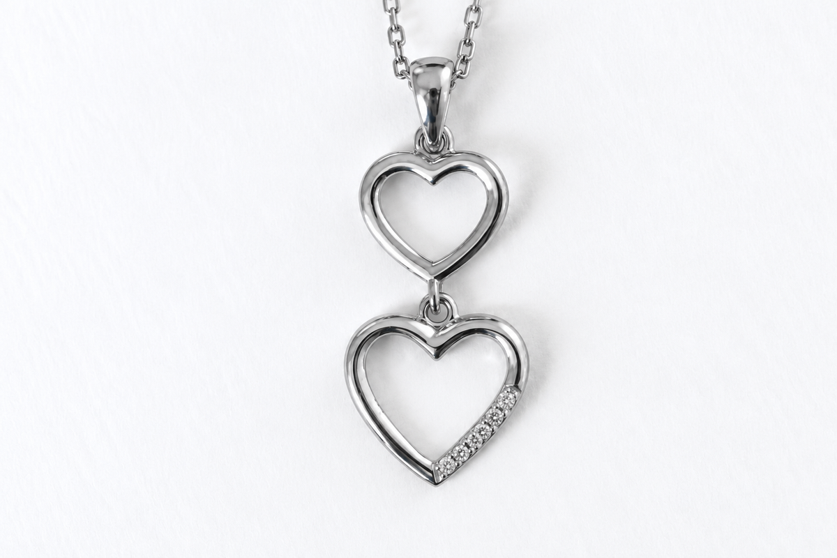 Sterling Silver Double Heart Drop Necklace with White Topaz