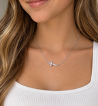 Sterling Silver Sideways Cross Necklace with Cubic Zirconia