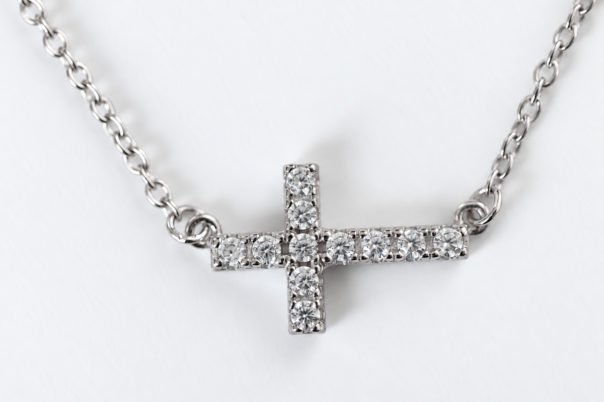 Sterling Silver Sideways Cross Necklace with Cubic Zirconia