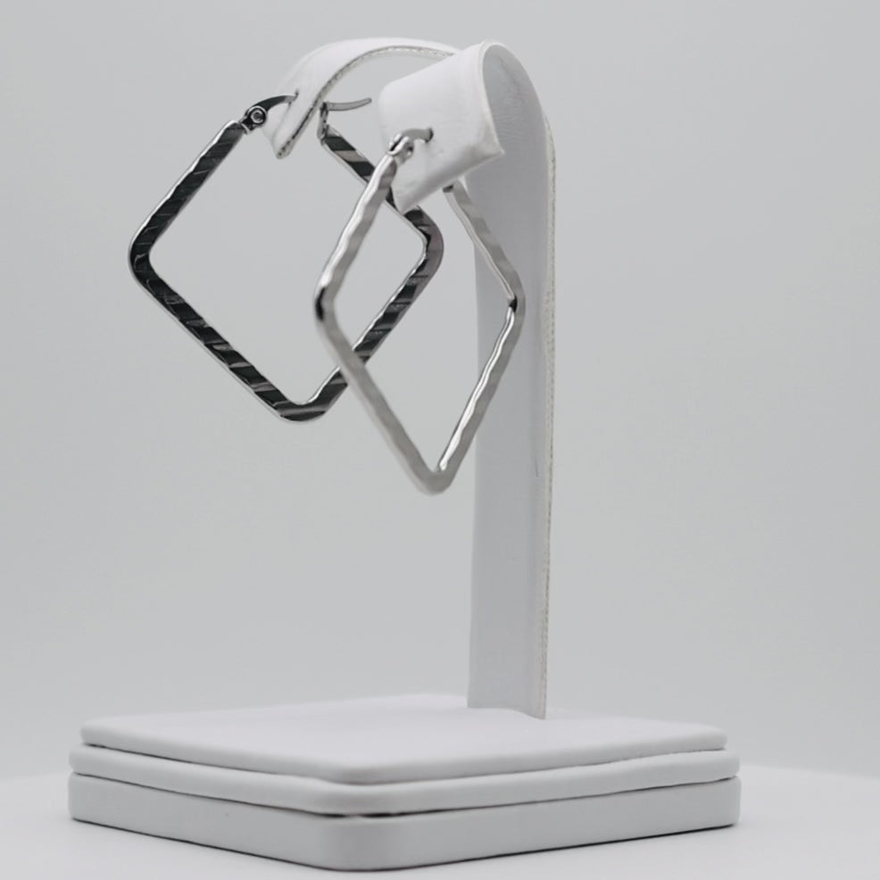 Rhodium Plated Stainless Steel Hammered Square Hoop Earrings - 30mm