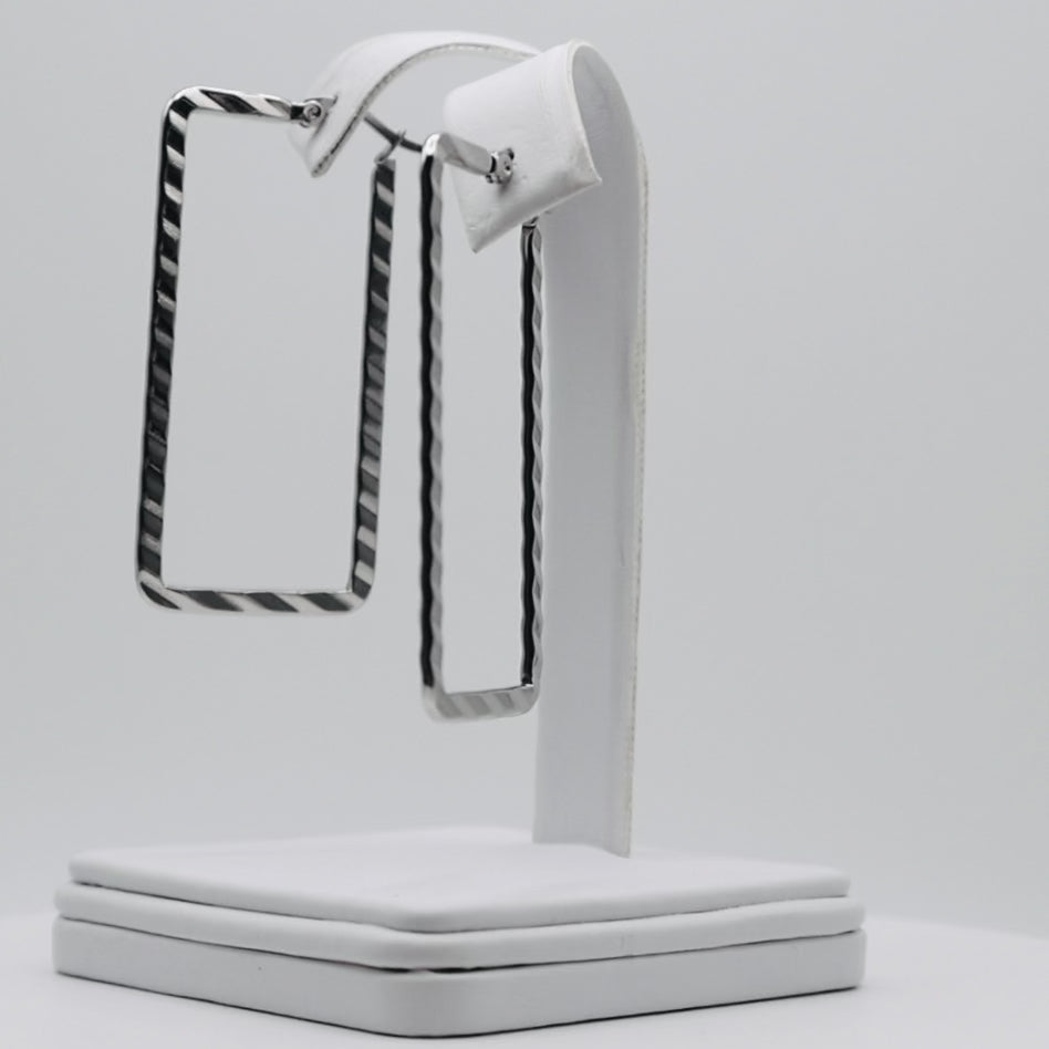 Rhodium Plated Stainless Steel Rectangle Crinkle Hoops Earrings - 25mm