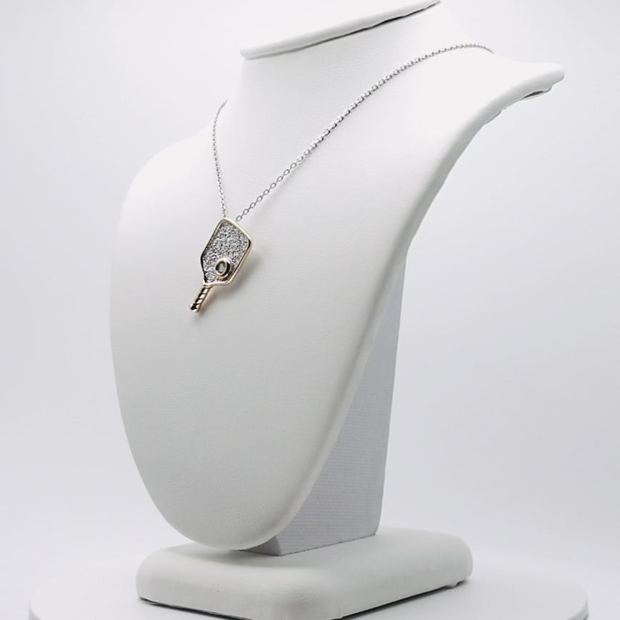 Genuine Sterling Silver Two-Tone Rhodium and Gold-Plated Textured Pickleball Paddle Necklace with Genuine AAA Swiss Blue Topaz Hidden Ball Pendant