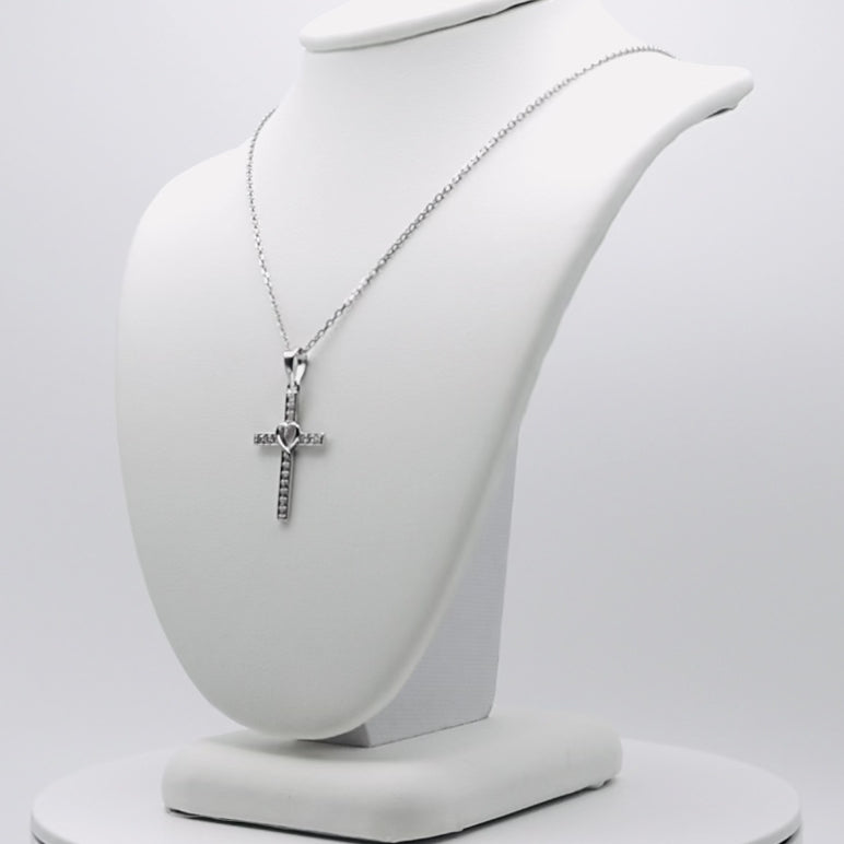 Genuine Sterling Silver Clear Cubic Zirconia Cross Necklace with Heart Center
