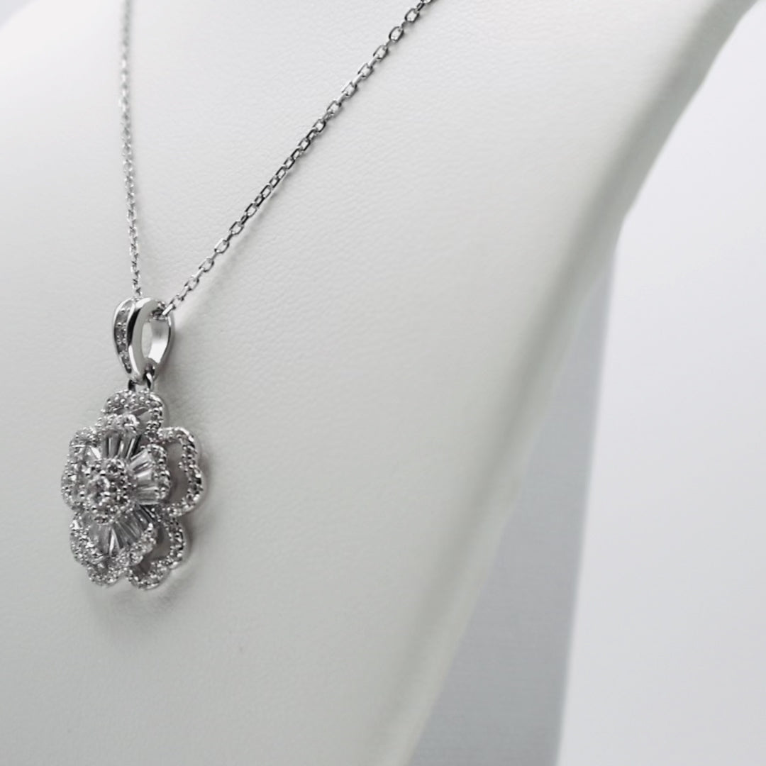 Genuine Sterling Silver flower necklace with clear cubic zirconia baguettes and round cubic zirconias