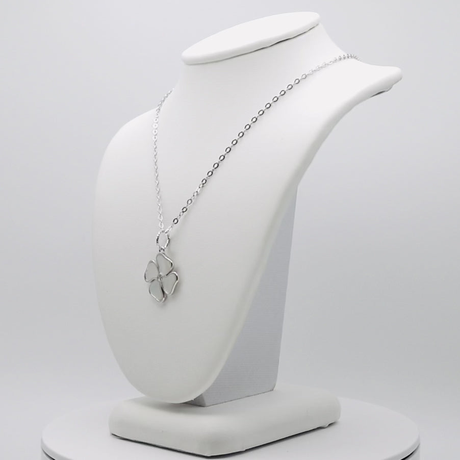 Rhodium Plated Genuine Sterling Silver Mother of Pearl and Cubic Zirconia Clover Necklace