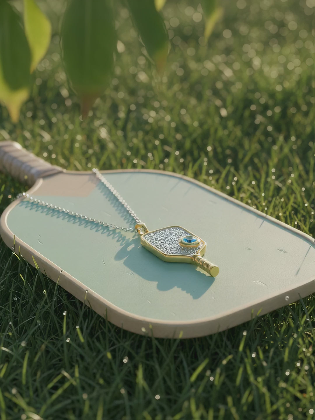Genuine Sterling Silver Two-Tone Rhodium and Gold-Plated Textured Pickleball Paddle Necklace with Genuine AAA Swiss Blue Topaz Hidden Ball Pendant