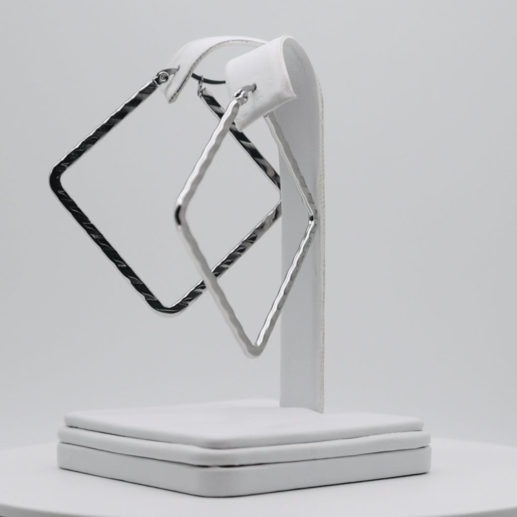 Rhodium Plated Stainless Steel Hammered Square Hoop Earrings - 40mm