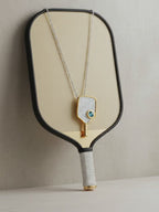 Genuine Sterling Silver Two-Tone Rhodium and Gold-Plated Textured Pickleball Paddle Necklace with Genuine AAA Swiss Blue Topaz Hidden Ball Pendant