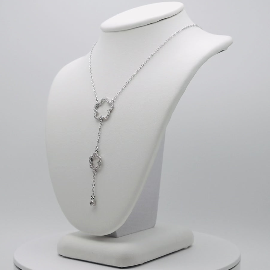 Genuine Sterling Silver Rhodium Plated Double Open Cubic Zirconia Clover Drop Necklace
